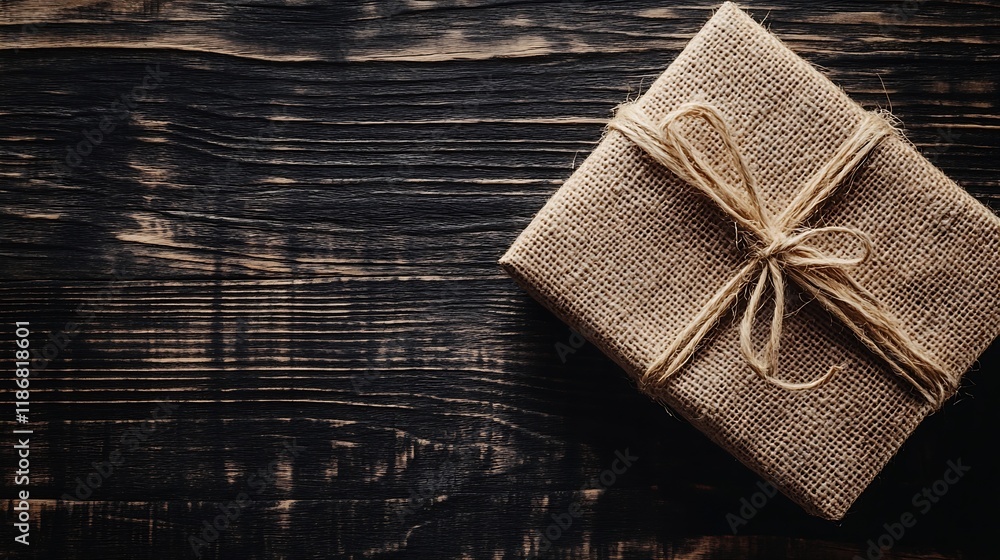 Aufkleber rustic gift box wrapped in burlap twine on dark wooden surface above view : generative ai