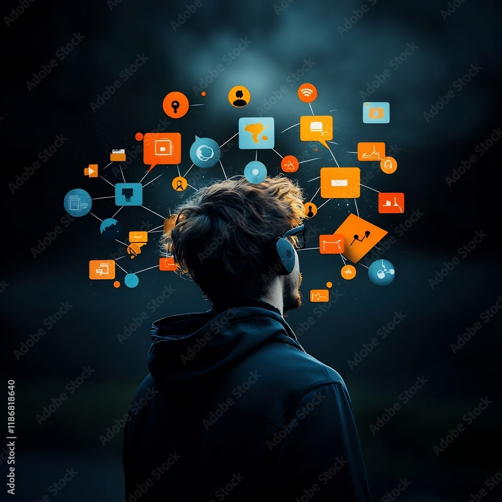 Aufkleber silhouetted figure against a dark moody backdrop with a swirl of floating digital icons representing
