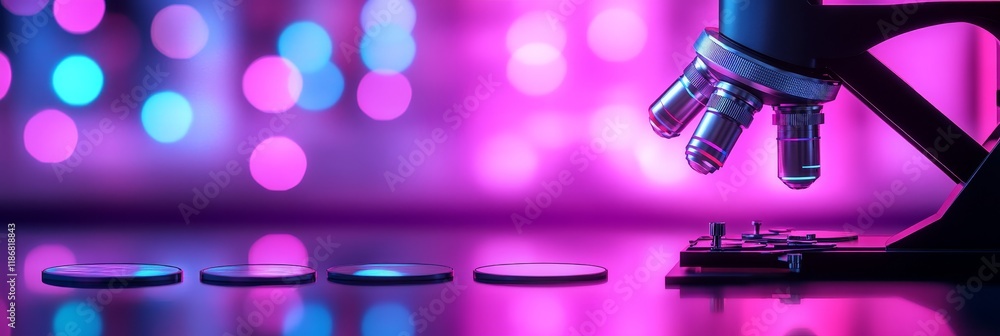 Poster microscope slides arranged on a reflective surface with neon abstract background and copy space