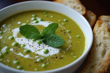 Bowl of green soup with a green leaf on top. The soup is garnished with a sprig of mint and a sprinkle of pepper. The bowl is placed on a table next to a plate of bread