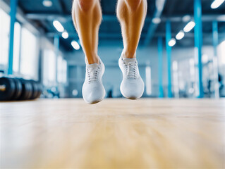 Naklejka premium Close-up of two athletic legs wearing running shoes in a gym environment, focusing on health, strength, and dynamic motion during a workout.