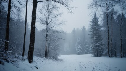 Naklejka premium Snowy path through a winter forest. Peaceful winter scene with snow-covered trees. Perfect for winter holiday backgrounds or winter wonderland themes