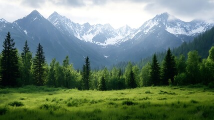 Obraz premium Breathtaking Alpine Mountain Landscape with Lush Green Valley and Pine Forests : Generative AI
