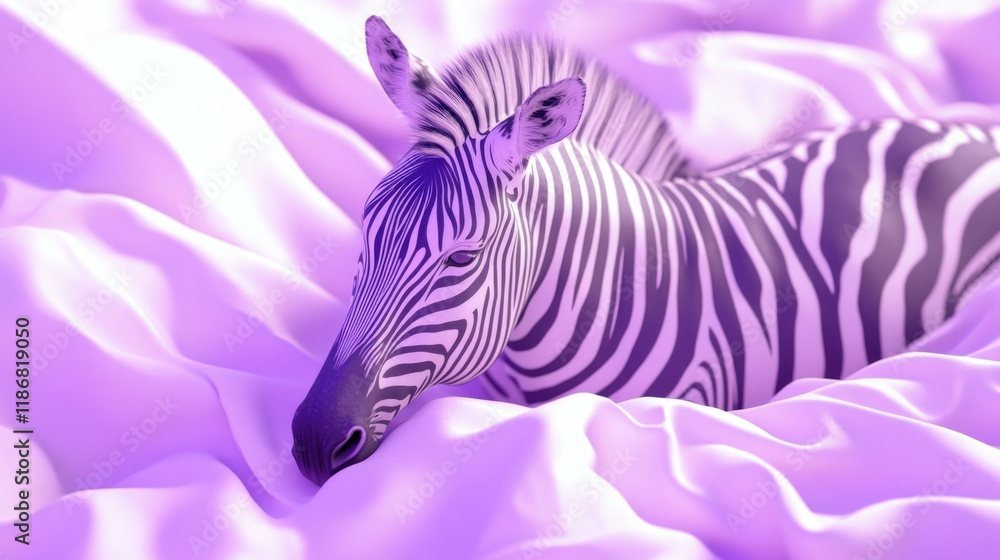 Poster zebra is resting on a bed of white sheets, with its head tilted to the side. the zebra's fur is a mi