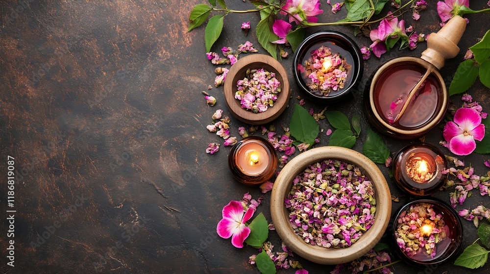 Poster aesthetic spa aromatherapy setting with flowers and candles : generative ai