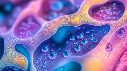Macro shot of biological cells in vibrant blue and pink colors.