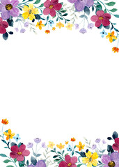 Watercolor flowers frame, background for design.