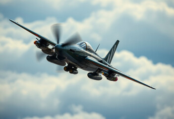 A fighter plane flies proudly amidst the clouds, equipped with rockets, showcasing its power and agility in the vast sky.