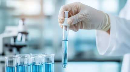 A scientist is holding a test tube filled with blue liquid