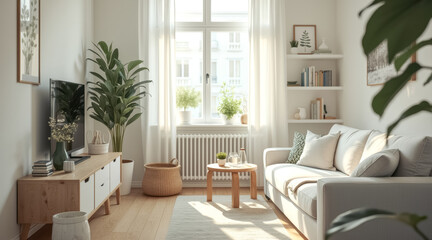 Fototapeta premium sunlit living room with light beige sofa wooden furnishings