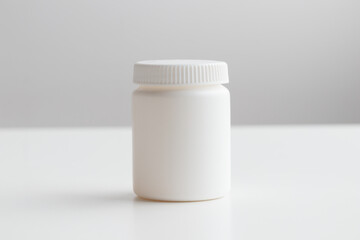 Blank white vitamin bottle. Unlabeled white nutritional supplement jar on white backdrop, custom branding, dietary product mockup, clean medicine bottle design, health care packaging presentation