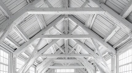 White wooden ceiling beams in a building.