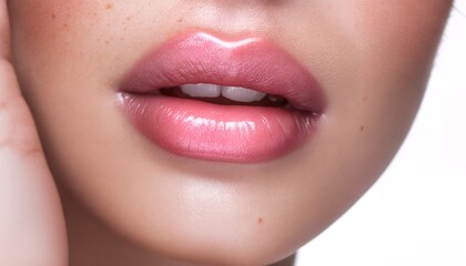Naklejka premium Close-up of a woman's lips, with her hand resting against her face.