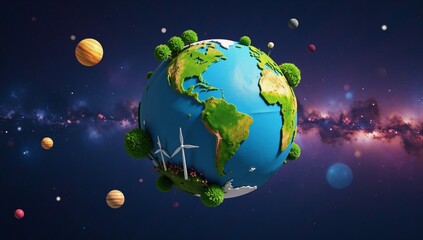 Naklejka premium Vivid eco-conscious illustration of Earth featuring whimsy and cosmic elements promoting environmental sustainability