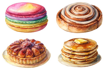 Colorful macarons, cinnamon rolls, sweet pastries, fluffy pancakes, watercolor illustration, dessert art, food styling.
