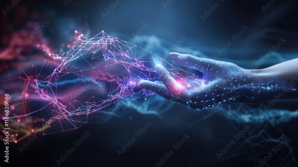Poster a glowing hand interacts with a digital network, symbolizing connection and technology.