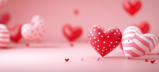 Valentine's Day Background with Red and White Hearts, Stripes, and Polka Dots on Pink. Love Concept for Happy Valentine's Day Banner Template Design.
