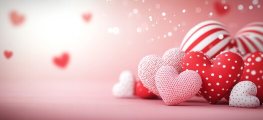 Fototapeta premium Valentine's Day Background with Red and White Hearts, Stripes, and Polka Dots on Pink. Love Concept for Happy Valentine's Day Banner Template Design.
