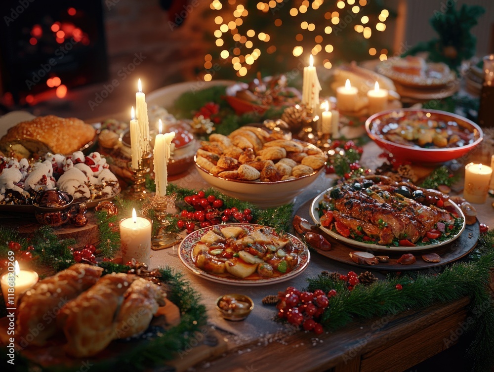 Poster table is set with a variety of food and candles, creating a warm and inviting atmosphere. the table 