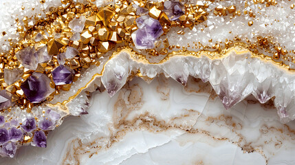 Close-up of a stunning geode with purple amethyst crystals and gold highlights, showcasing natural textures and intricate formations.