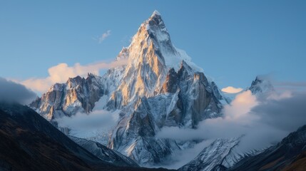 Majestic snow-capped peak emerging from clouds at sunrise, showcasing rugged texture and dramatic lighting.