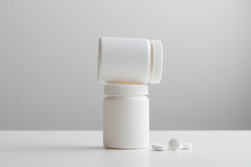 White pills and plastic medicine bottles on a white background with copy space. Medicine and health concepts include a jar with pills or vitamins. High-quality photo banner