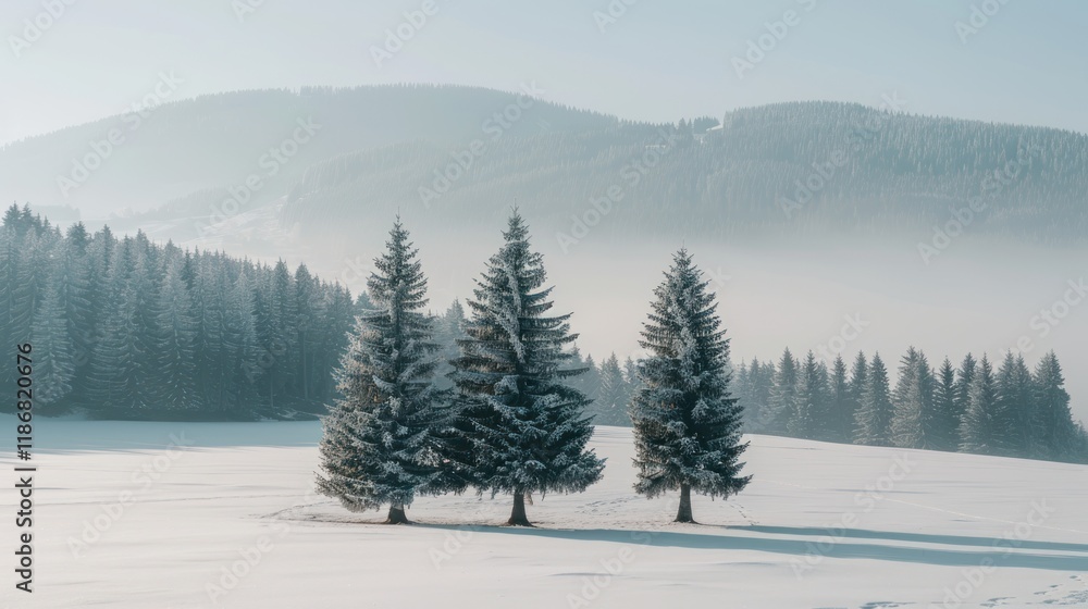 Poster three snow-covered evergreen trees stand in a snowy field with misty mountains in the background.