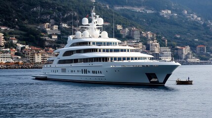Luxury Yacht Docked in Scenic Coastal Harbor with Mountain Backdrop Exquisite Maritime Scene : Generative AI