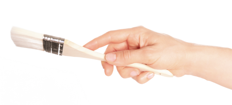 Woman hand holds paint brush, isolated on transparent background, construction works and renovation industry concept