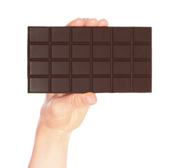 Woman hand holds a chocolate bar, isolated on transparent background, sweet food concept