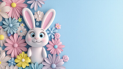 Obraz premium 3D bunny surrounded by pastel flowers in whimsical design