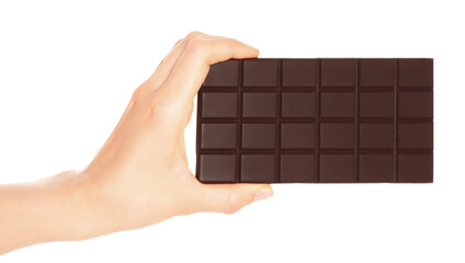 Woman hand holds a chocolate bar, isolated on transparent background, sweet food concept