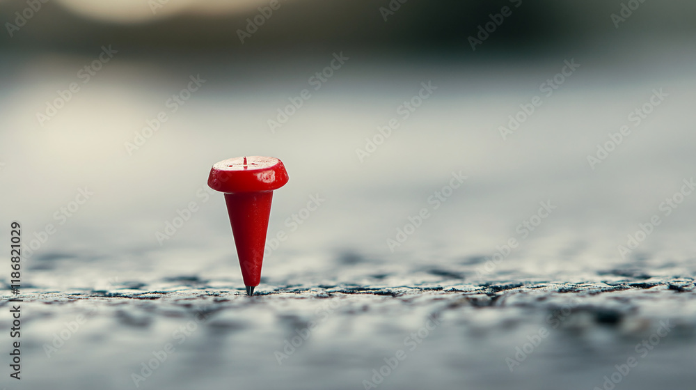 Poster Red pushpin on textured surface with soft blurred background