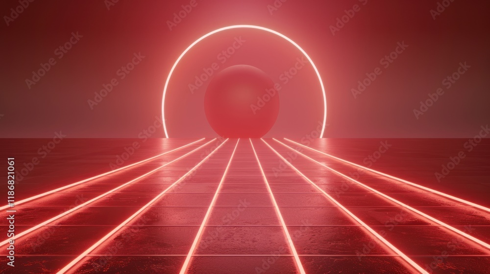 Poster red neon lights illuminate a sphere within a circular frame on a reflective surface.