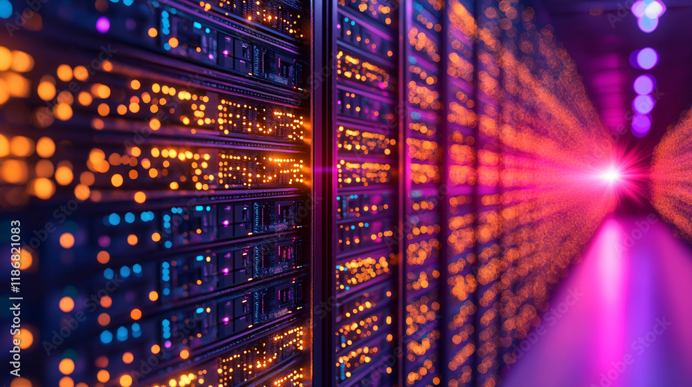 Poster data center glow: glowing server racks in a modern data center illuminate the path ahead, showcasing