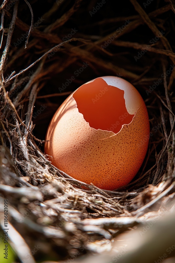 Aufkleber broken eggshell sits in a nest. the egg is cracked and the shell is missing. the nest is made of twi