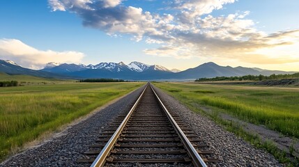 Fototapeta premium Vast Railway Tracks Stretching into Distance with Majestic Mountain Backdrop : Generative AI