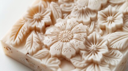 A close-up of a hand-carved soap with floral patterns, resting on a white background.