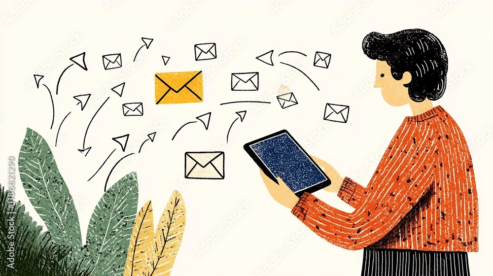 Poster freehand sketch of a person using a digital device with flowing envelope icons and arrows representi