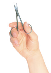 Woman hand holds cosmetic scissors, isolated on transparent background, cosmetic tools concept