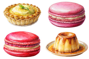 Colorful desserts, watercolor illustration, macarons and tart, sweet treats, gourmet pastries, artistic food design.