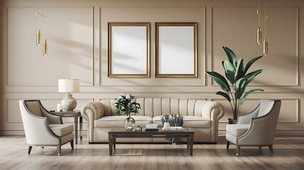 Elegant living room interior design, beige sofa, sunlight, mock-up frames, home decor