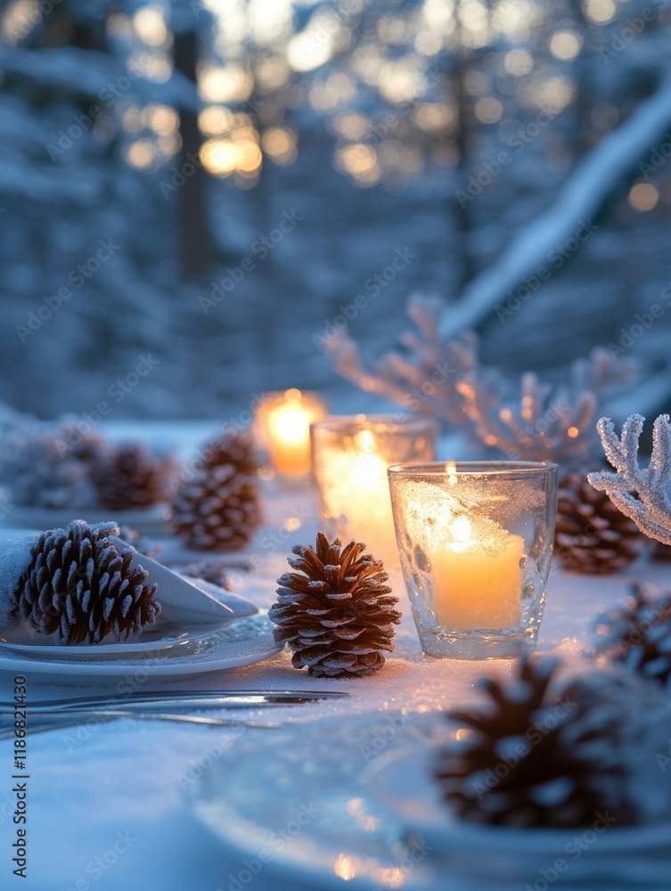 Poster table with a white tablecloth and a candle in a glass. the table is set with a white napkin and a fo