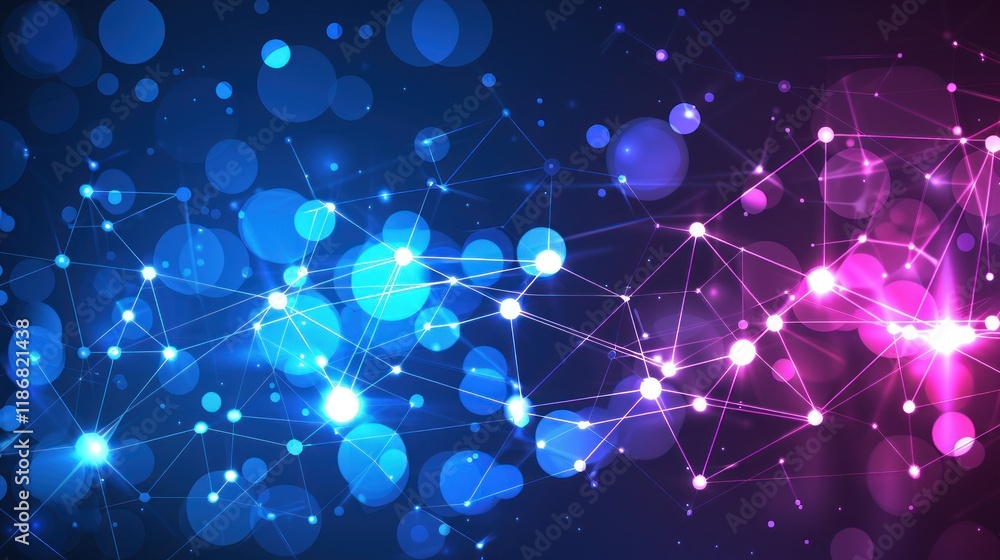 Poster abstract glowing network connection background with blue and pink bokeh lights.