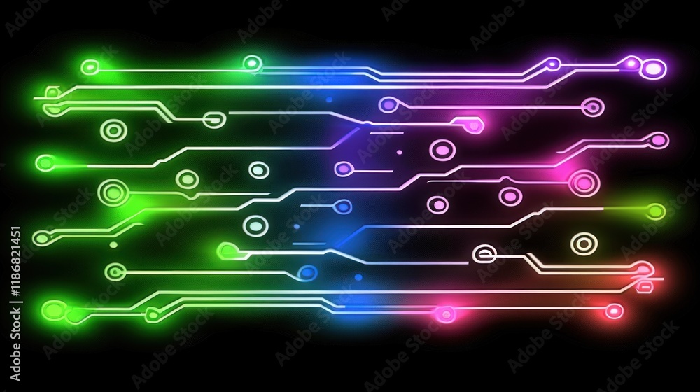 Aufkleber abstract colorful neon circuit board lines and nodes on black background.