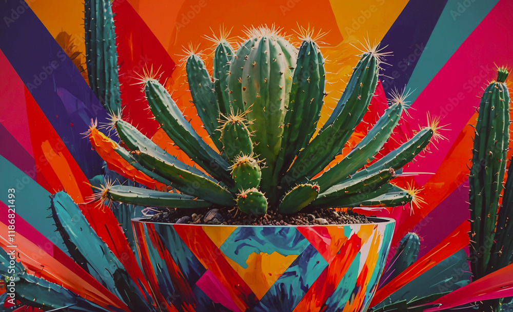 Poster cactus is in a colorful pot. the pot is decorated with different colors