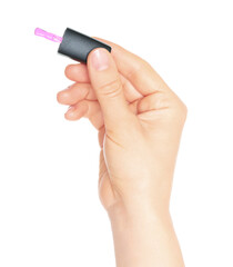 Woman hand holds cosmetic nail polish brush, isolated on transparent background, cosmetic concept