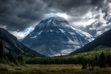 Fototapeta premium A majestic mountain peak, showcasing the rugged beauty of nature's creation. A color photo with a wide-angle lens captures its imposing presence against an overcast sky.