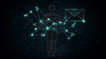 Moody minimalist line art depicting a human silhouetted figure surrounded by digital connectivity symbols like envelope and intersecting arrows
