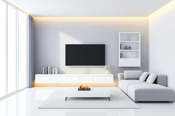 Fototapeta premium Minimalist Scandinavian Living Room with Grey Sofa and White Cabinet